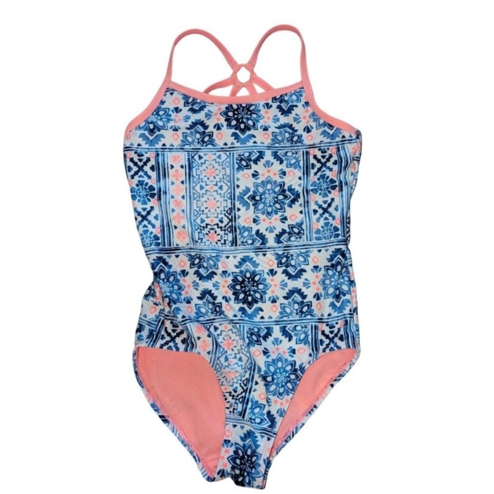 ☀️Justice Girls One Piece Swimsuit Size 7 Blue Floral Boho Strappy Back☀️